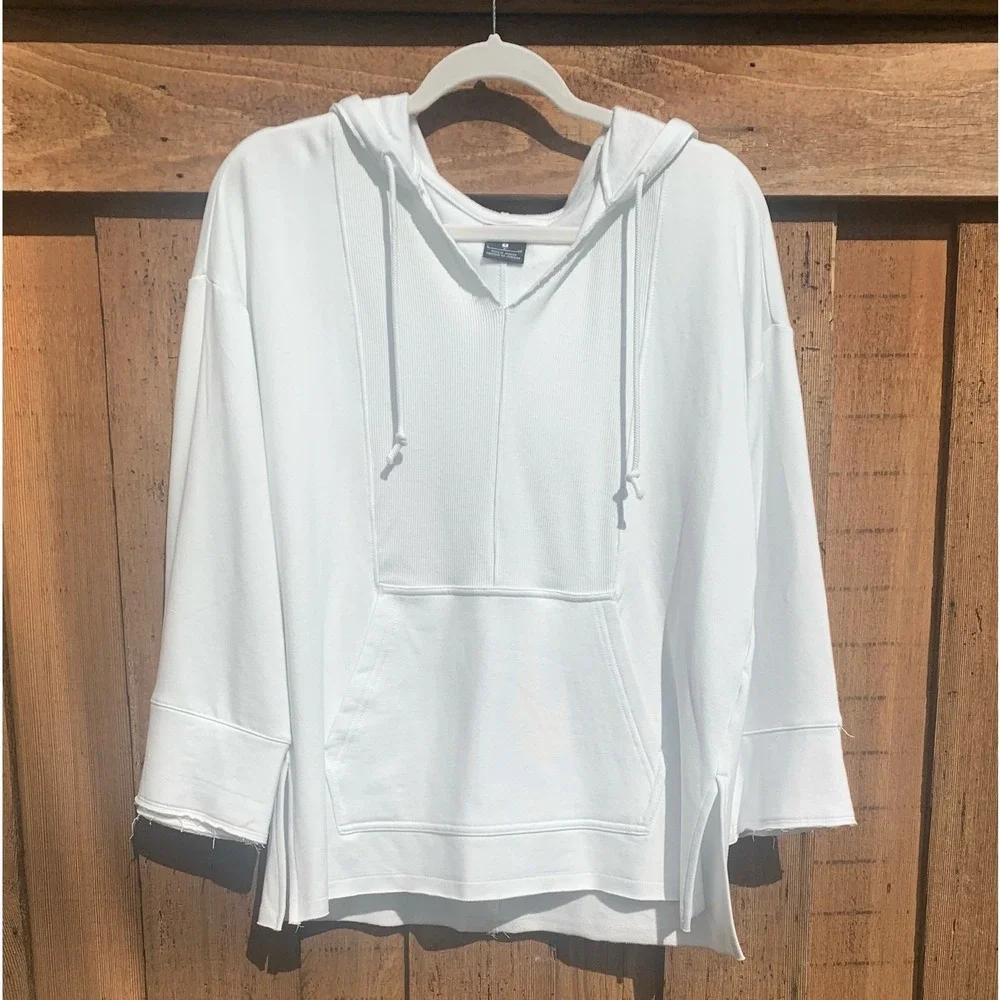 Nike Dri-FIT Hoodie Women's S White V-Neck Pullover Raw‎ Hemline Yoga Luxe(0236)